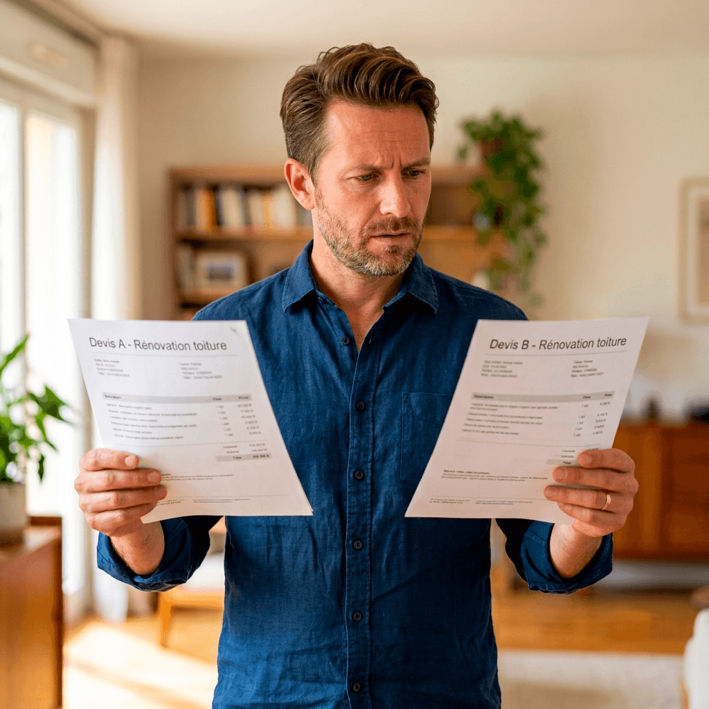Particulier comparant deux devis de rénovation de toiture, un dans chaque main, dans son salon