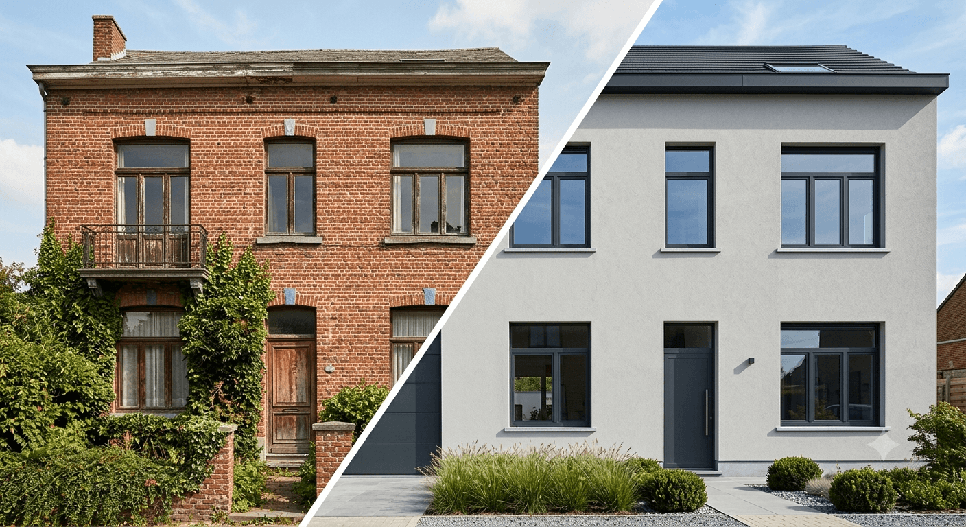 Façade en briques rouges anciennes non isolée, comparée à une maison rénovée avec isolation extérieure et enduit clair