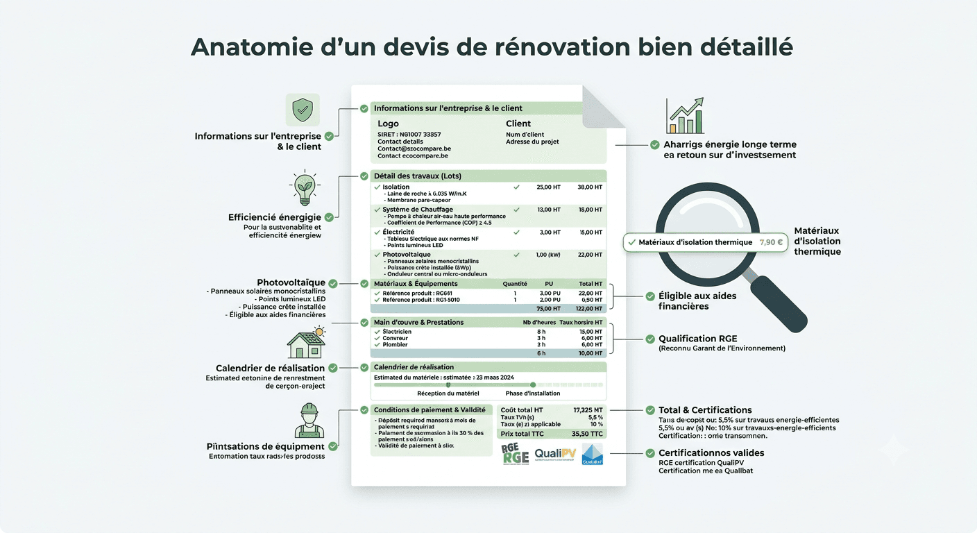 Infographie détaillant l'anatomie d'un devis de rénovation bien fait : informations entreprise et client, détail des travaux par lot, matériaux et équipements, main-d'œuvre, calendrier, conditions de paiement et certifications