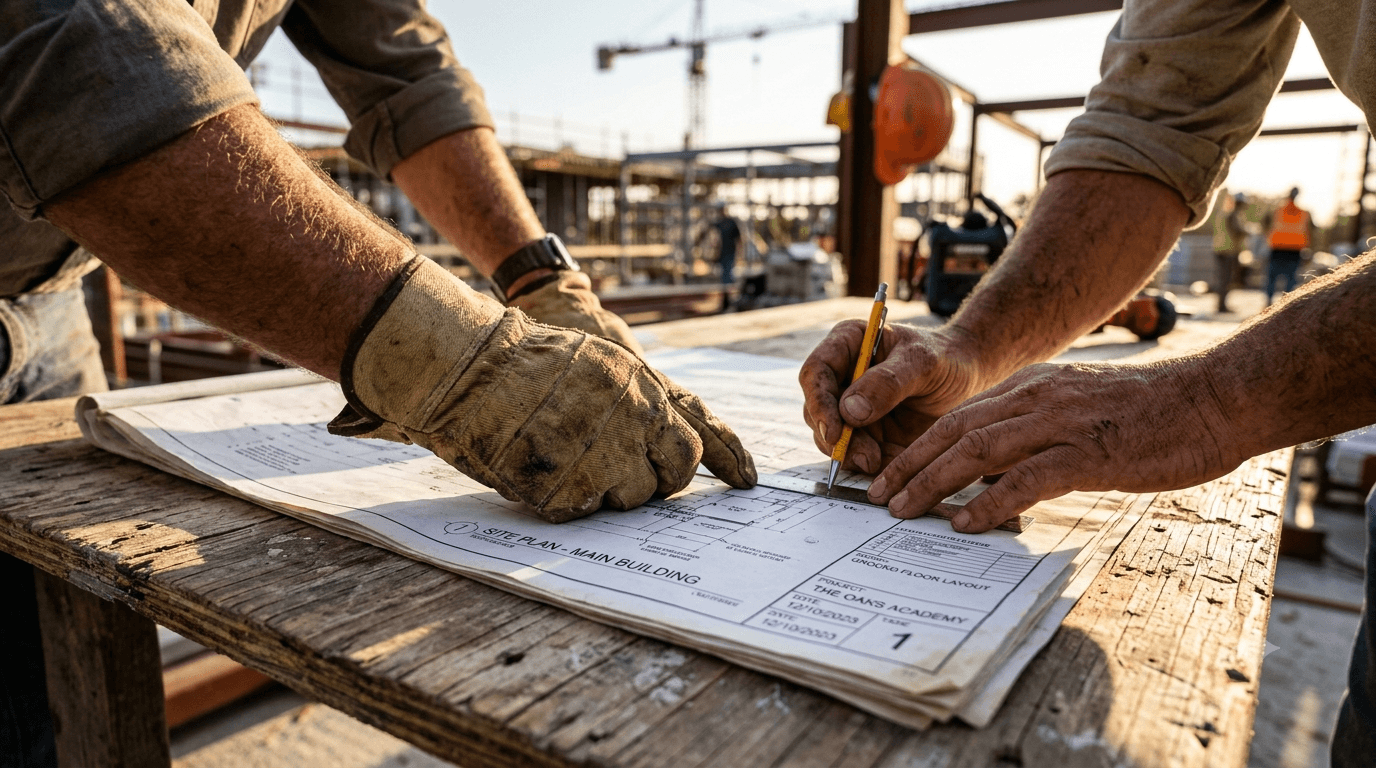 Deux artisans consultant un plan de chantier sur une table en bois, dans le cadre d'un projet de rénovation énergétique