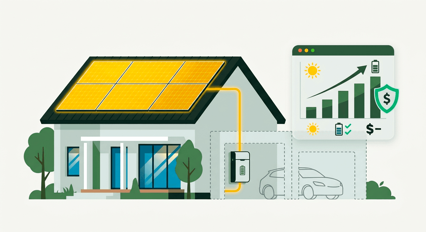 Schéma d'une maison avec panneaux solaires, batterie de stockage et borne de recharge, illustrant le principe de l'autoconsommation photovoltaïque