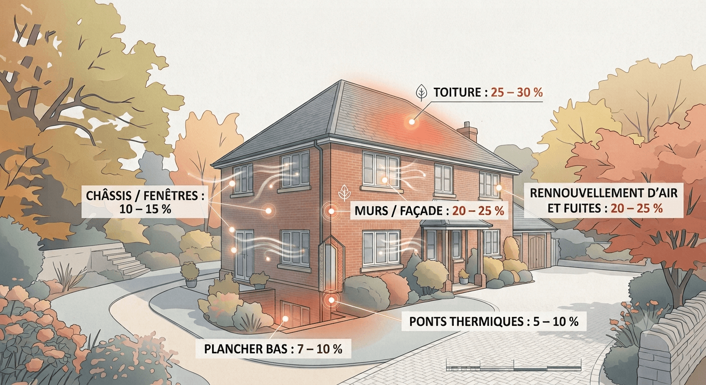 Schéma des déperditions de chaleur d'une maison mal isolée : toiture 25-30 %, murs/façade 20-25 %, renouvellement d'air et fuites 20-25 %, châssis/fenêtres 10-15 %, plancher bas 7-10 %, ponts thermiques 5-10 %