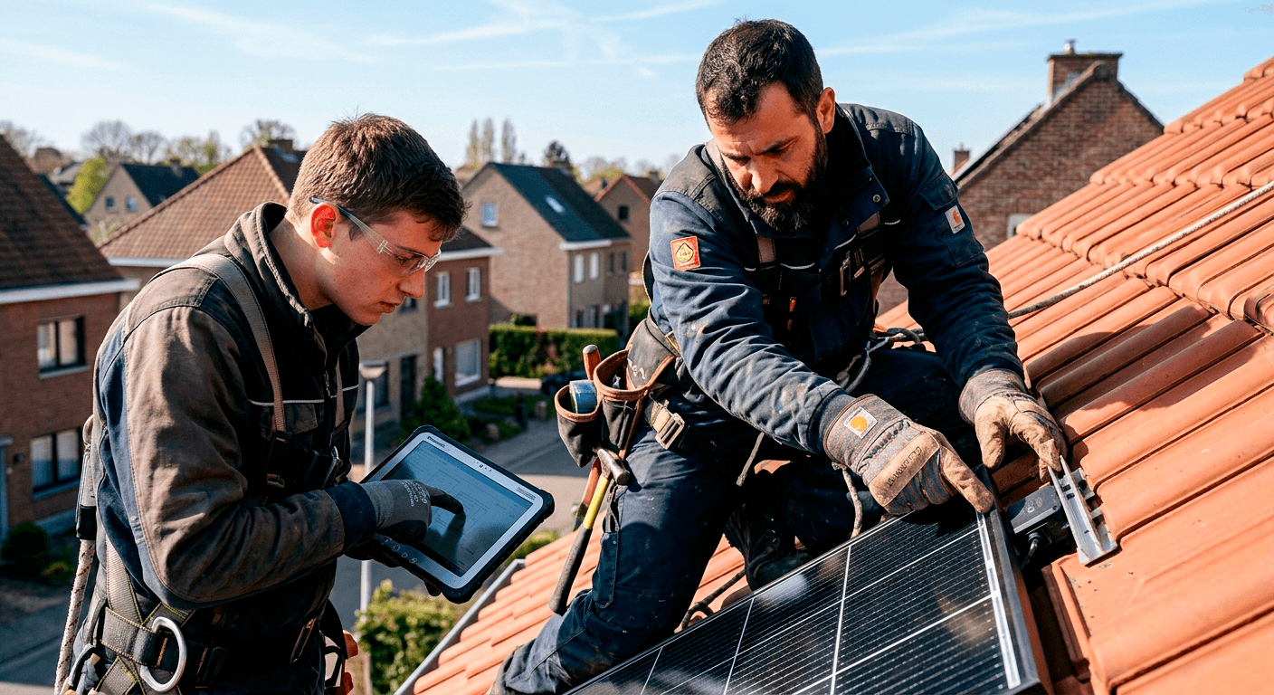 Deux installateurs posant des panneaux photovoltaïques sur une toiture résidentielle en Belgique, avec tablette de suivi de chantier